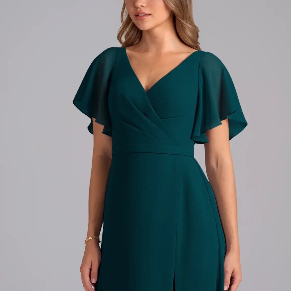 Azazie Pine Green Chiffon Bridesmaid Dress Flutter Sleeve V-Neck Wrap Style A14